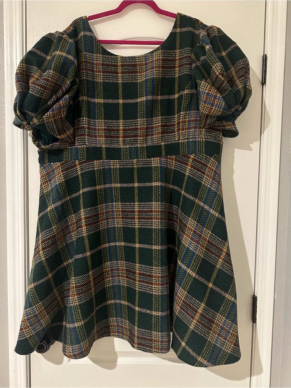 Ivy City Co Green Plaid A line Flair Holly Puff Sleeves Dress 4X